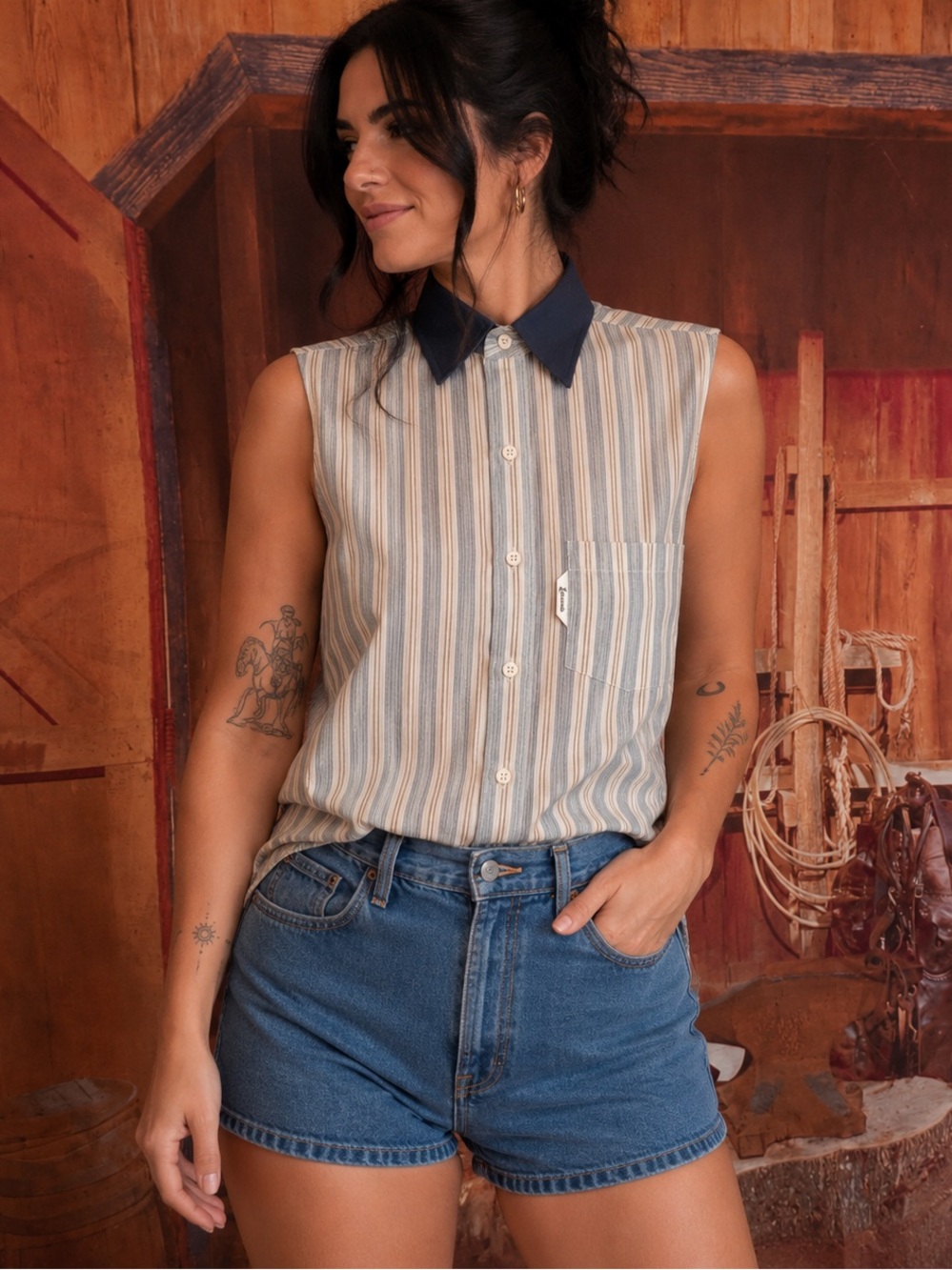 Vintage Striped Sleeveless Button-Up Tank Top in Blue, Cream & Navy